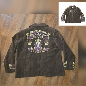 VTG Women's Boho Embroidered Purple Forals Brown Blazer Jacket Sz 18 W Coldwater